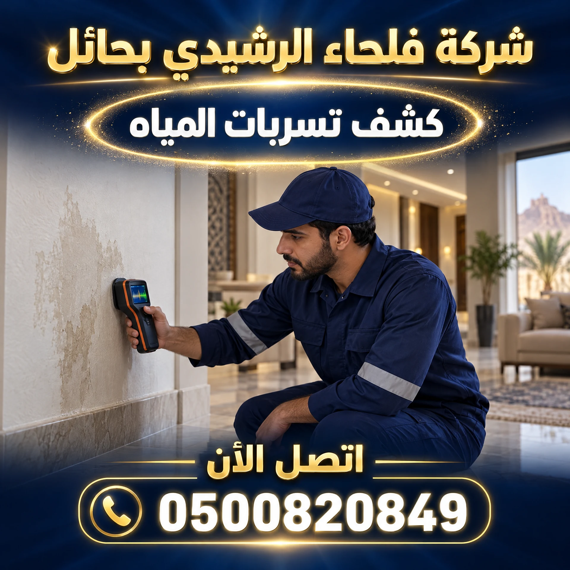 تصميم دعائي لشركة فلحاء الرشيدي لخدمة كشف تسربات المياه في حائل
